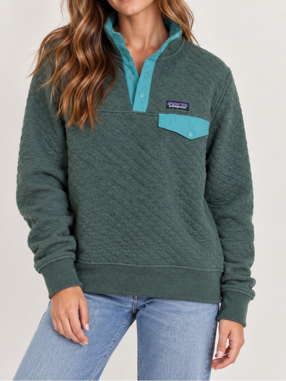 Patagonia Women's Organic Cotton Quilt Snap-T Pullover Sweater Green Teal Small